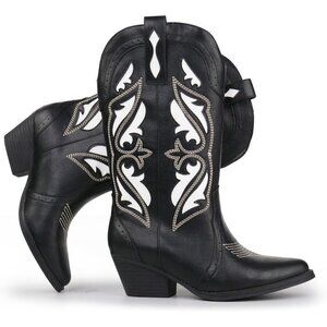 Brand New  Women's  Black Synthetic Leather Western Cowgirl Embroidered Boots